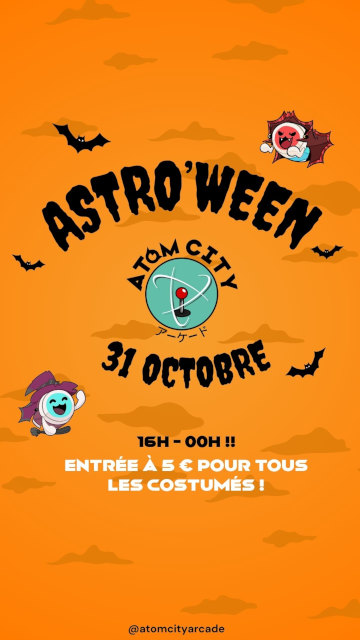 Affiche de l’événement, un ciel orangé avec des chauve-souris et Katsu et Don en vampire et sorcière autour du logo Atom City entouré des mentions Atrso'ween et 31 octobre, 16h-00h, Entrée à 5€ pour tous les costumés