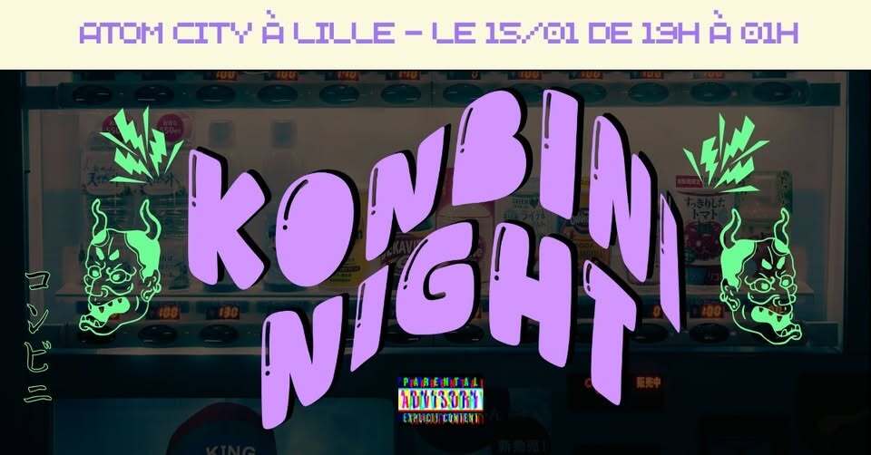 Bannière de l’événement, Konbini Night écrit en lettres arrondies en rose-violet sur un fond sombre de vitrine de konbini